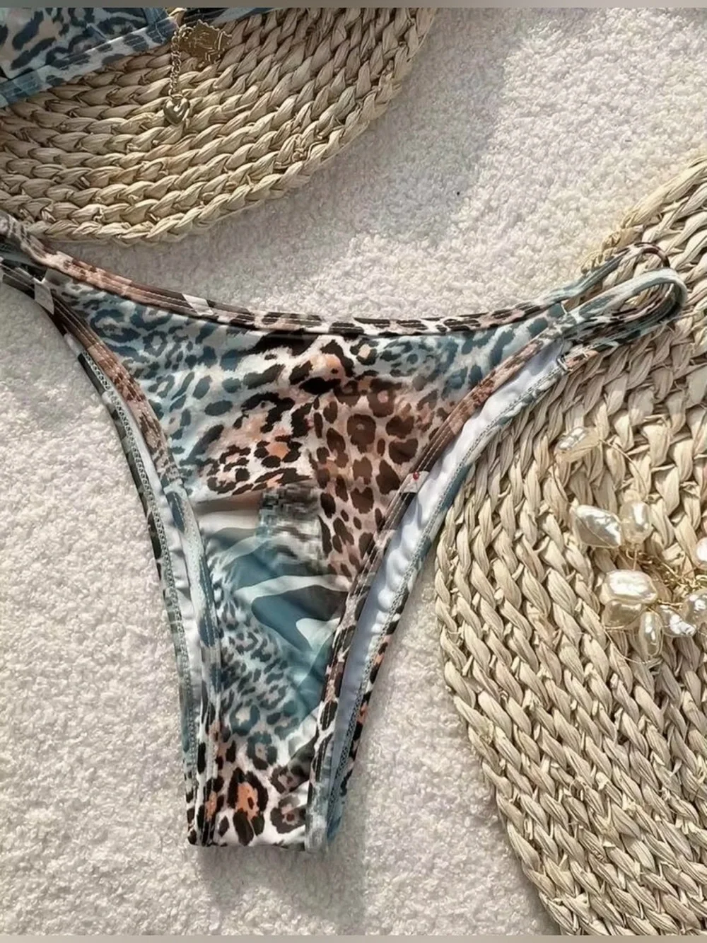 SHEIN Blue & Brown Leopard Print Bikini with Gold Jewelry Charms size XS